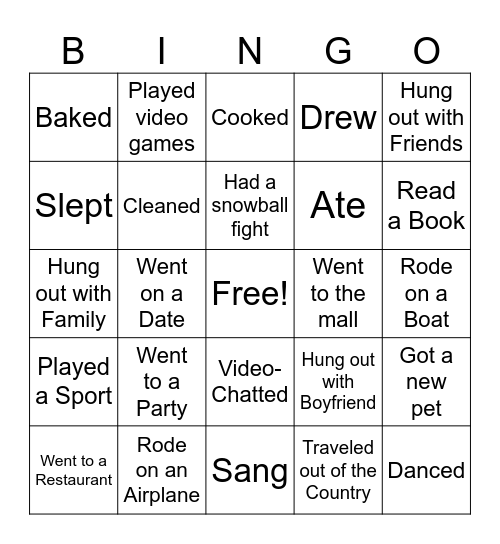 What did you do over break? Bingo Card