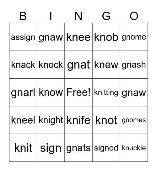 Gn and Kn words Bingo Card