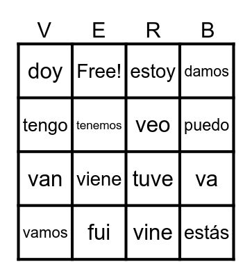 Irregular Verbs Bingo Card