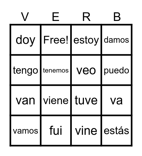 Irregular Verbs Bingo Card