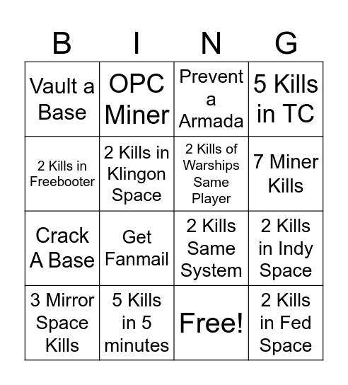 Kill UNTY Bingo Card