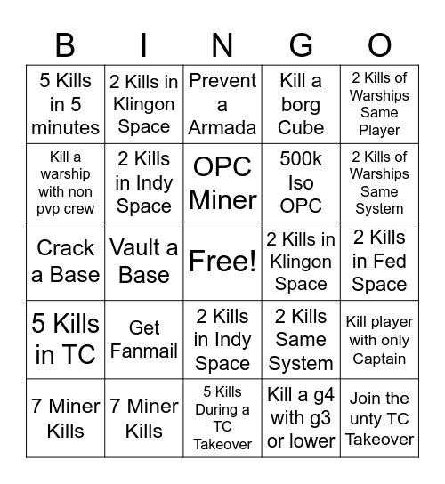 Kill UNTY Bingo Card