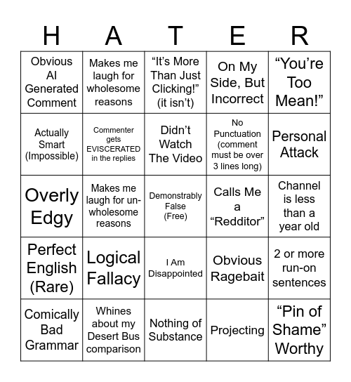 Negative Comment Bingo v2 Bingo Card