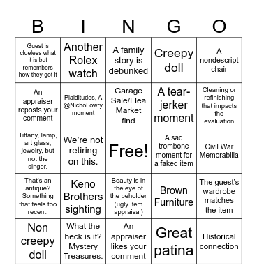 #AntiquesRoadshow Bingo Card