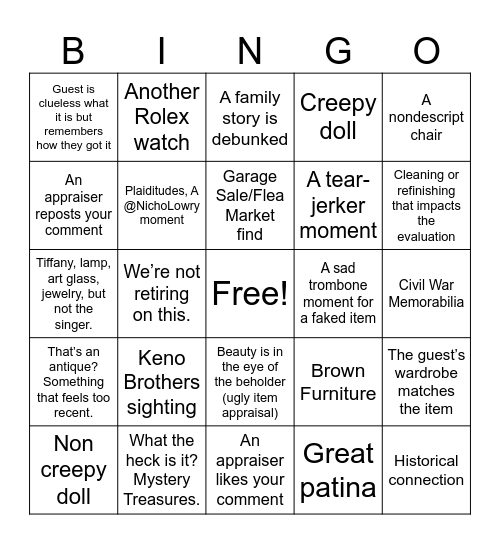 #AntiquesRoadshow Bingo Card