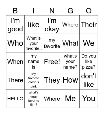 ENGLISH 101 Bingo Card