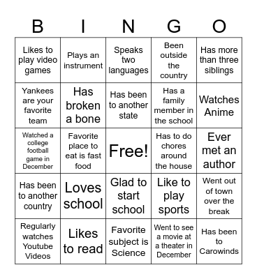 First Day of School Bingo Card