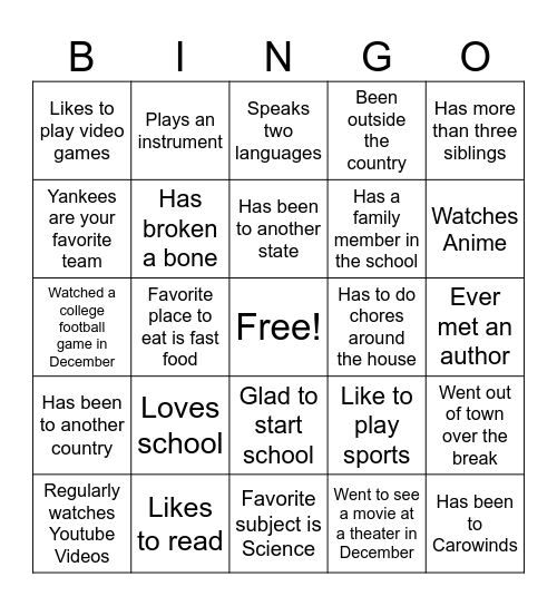 First Day of School Bingo Card