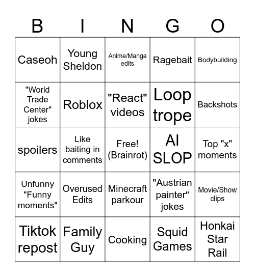 shorts bingo Card
