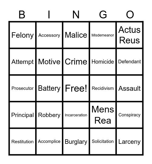 Criminal Law Bingo Card