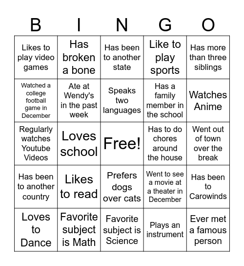 First Day of School Bingo Card