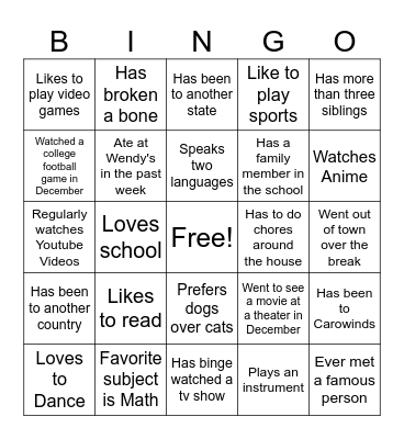First Day of School Bingo Card