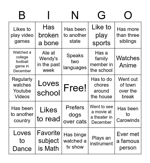 First Day of School Bingo Card