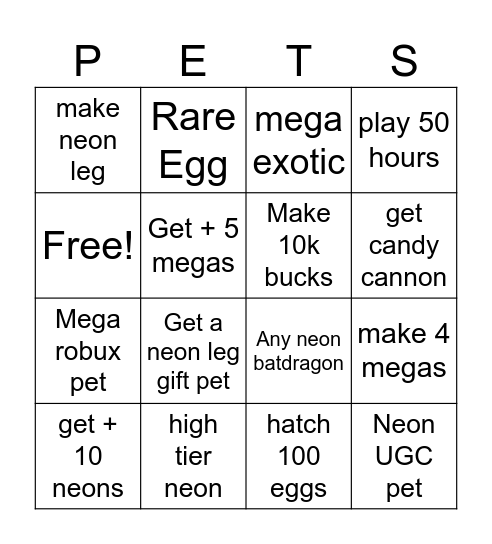 ADOPT ME Bingo Card
