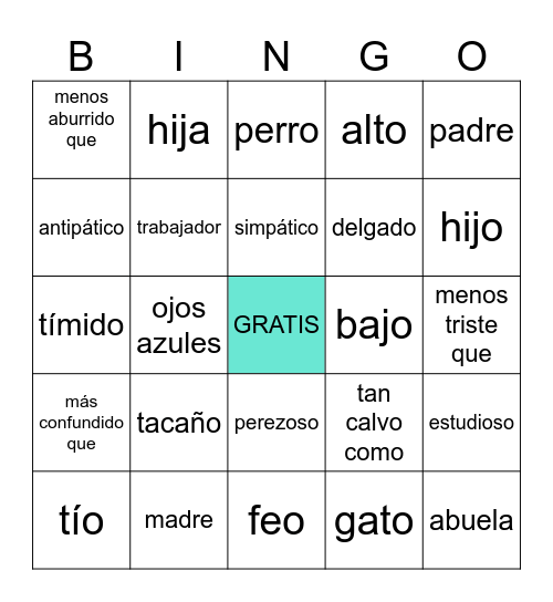 Familia, Adjetivos, Comparaciones (Sp. 2 - AHS) Bingo Card