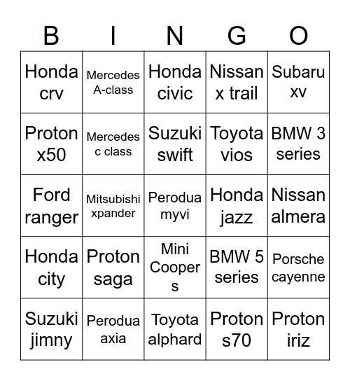 Car Bingo Card