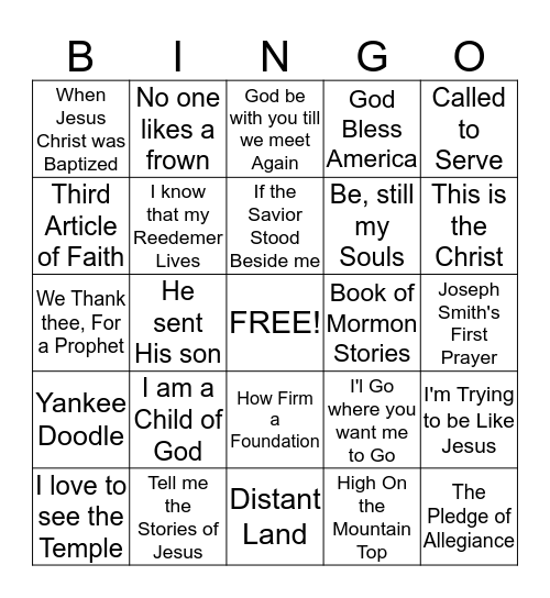Primary Songs Bingo! Bingo Card