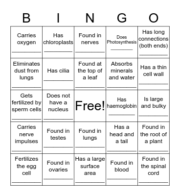 Specialized Cells Bingo Card