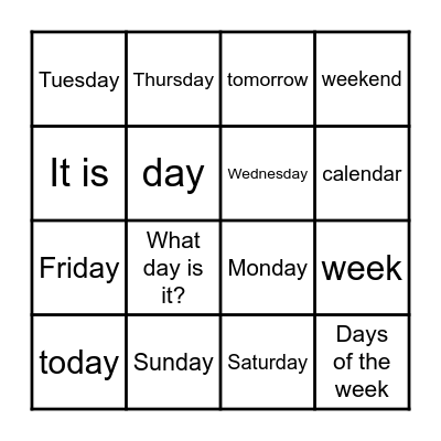 Days of the Week Bingo Card