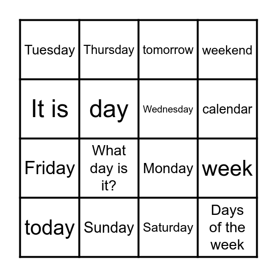 Days of the Week Bingo Card