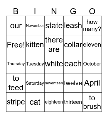 English Lesson 1-2 Bingo Card