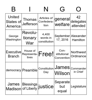 Constitution Day - Watertown Bingo Card