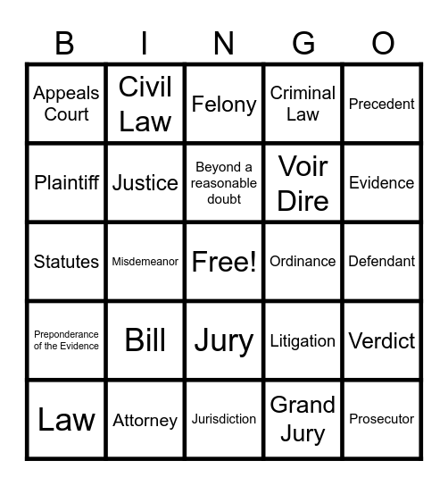 Law Terms Bingo Card