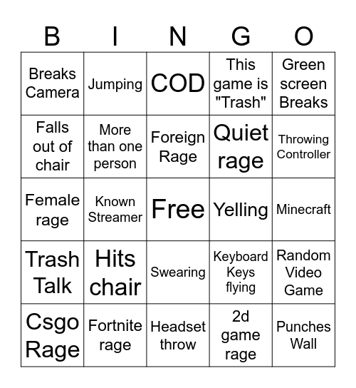 Gamer Rage Bingo Card