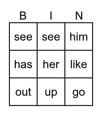 Sight Words Bingo Card