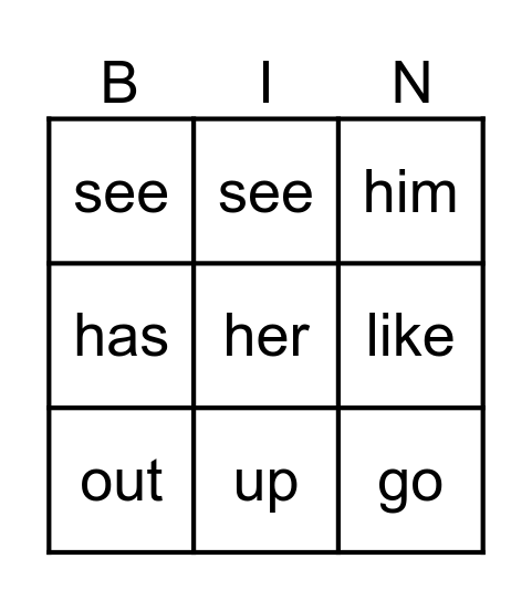 Sight Words Bingo Card