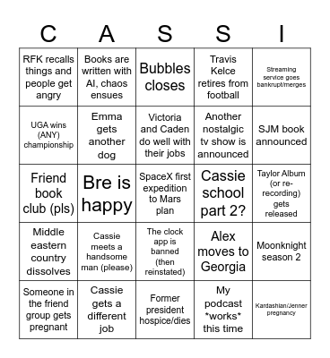 Cassie 2025 Bingo Card