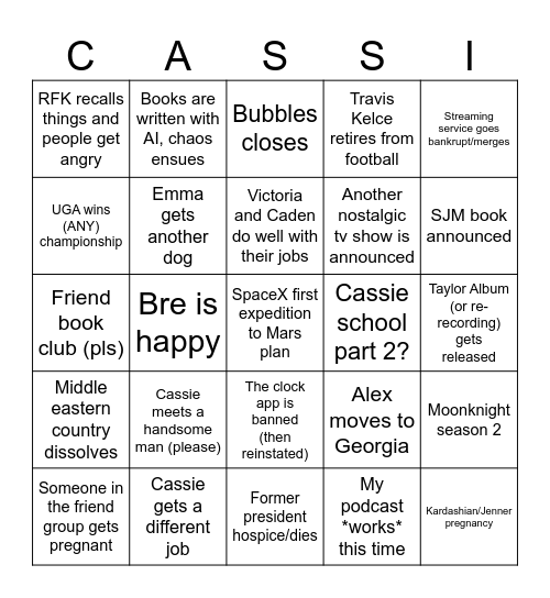 Cassie 2025 Bingo Card