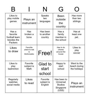 First Day of School Bingo Card
