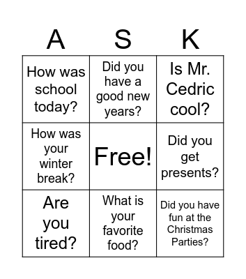 Questions Bingo Card