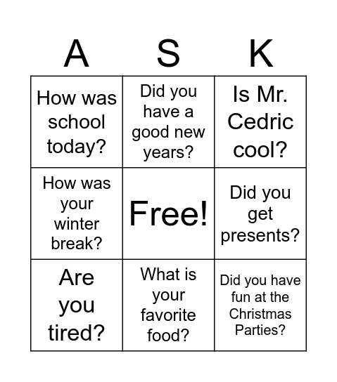 Questions Bingo Card