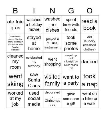 Winter Vacation Bingo Card