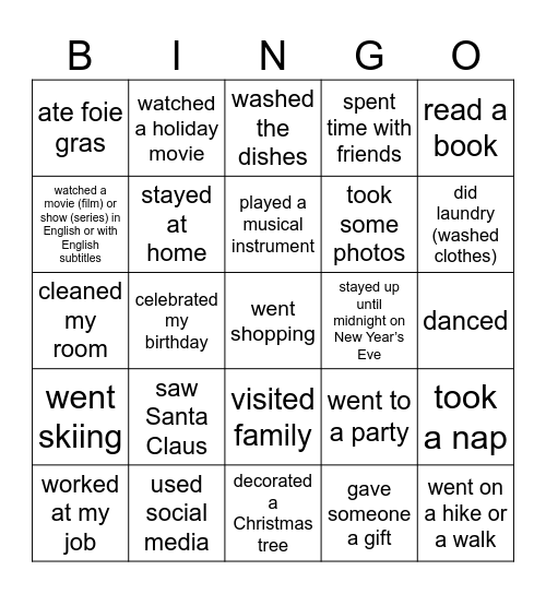 Winter Vacation Bingo Card