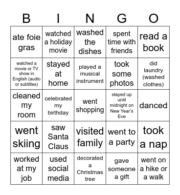 Winter Vacation Bingo Card