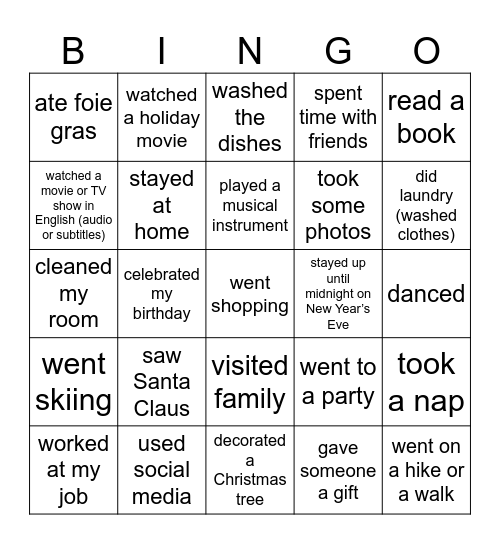 Winter Vacation Bingo Card