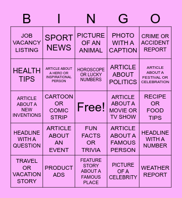Newspaper Bingo!! Bingo Card