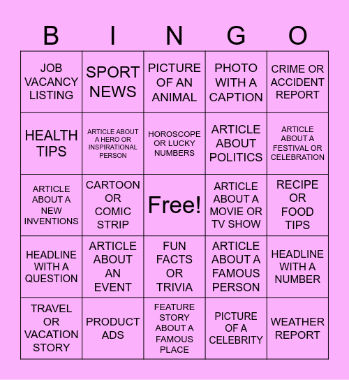 Newspaper Bingo!! Bingo Card