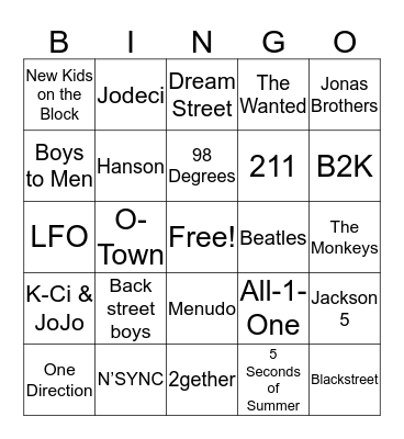 Boy Band Bingo Card