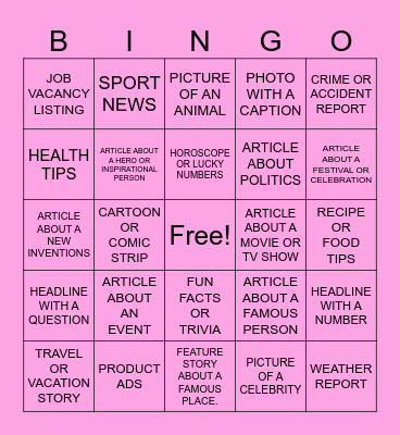 NEWSPAPER BINGO Card