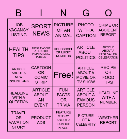 NEWSPAPER BINGO Card