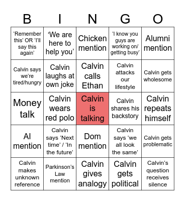 Calvin’s Class Bingo Card