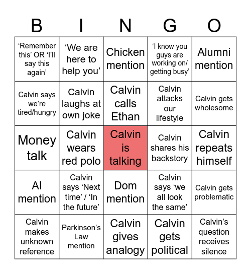 Calvin’s Class Bingo Card