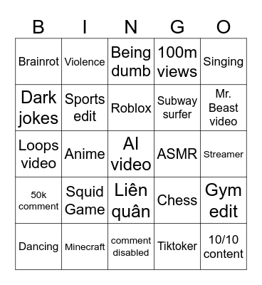 Youtube Short Bingo Card