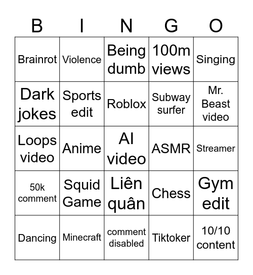 Youtube Short Bingo Card