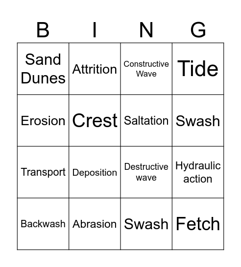 Coastal Processes Bingo Card