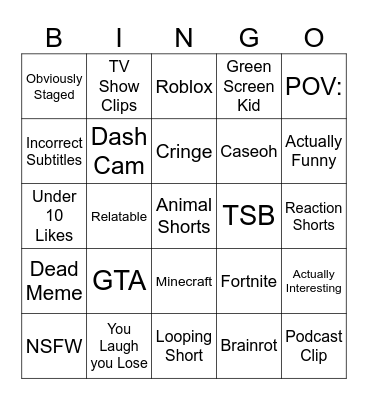 Youtube Shorts Comment Bingo Card